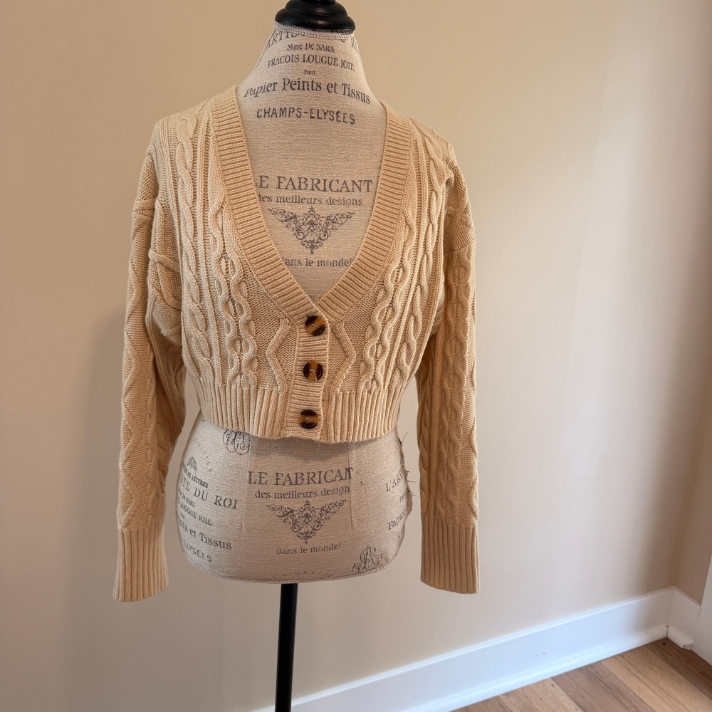 Princess Polly Women's Oatmeal Cable Knit Cropped Button Up Cardigan Size S/M